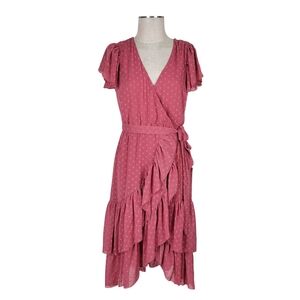 Lulus Have Harmony Dress Size L Mauve Swiss Dot Faux Wrap Ruffled
